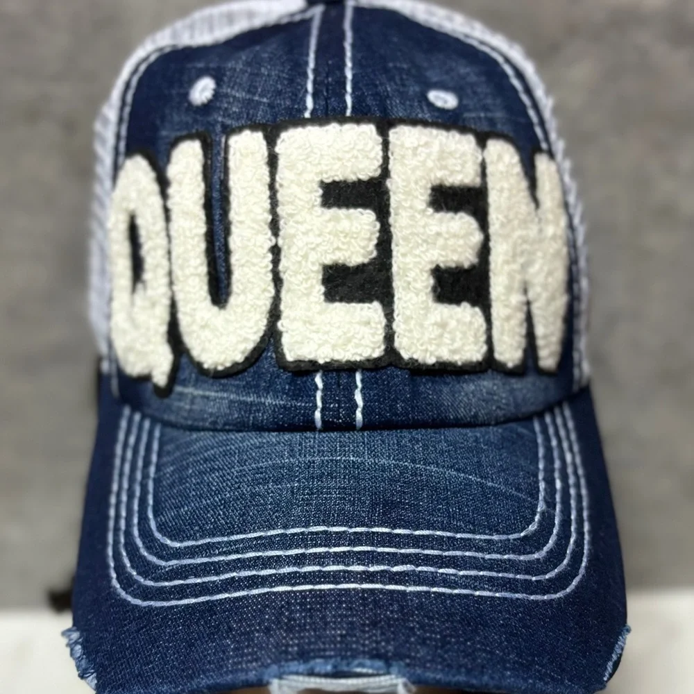 Distressed Queen Embellished Trucker Hat - Picture 1 of 3